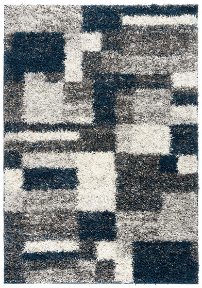 Rugshop Navy Distressed Modern Boxes Plush Shag Area Rug — Non-Shedding Soft for Living Room, Dining Room and Bedroom, 5' x 7'