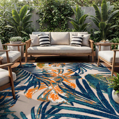 Rugshop Tropical Floral Leaves Indoor/Outdoor Area Rug Durable Polypropylene, Non-Shedding, Easy to Clean, Perfect for Patio, Backyard, Deck and Outdoor Lounge, High Traffic Areas, 7'10" x 10'