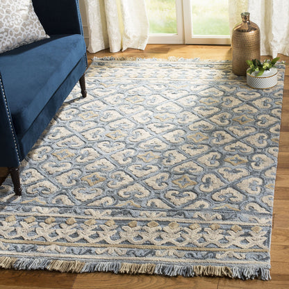 SAFAVIEH Blossom Collection 4' x 6' Light Beige/Blue BLM420A Handmade Fringe Premium Wool Area Rug