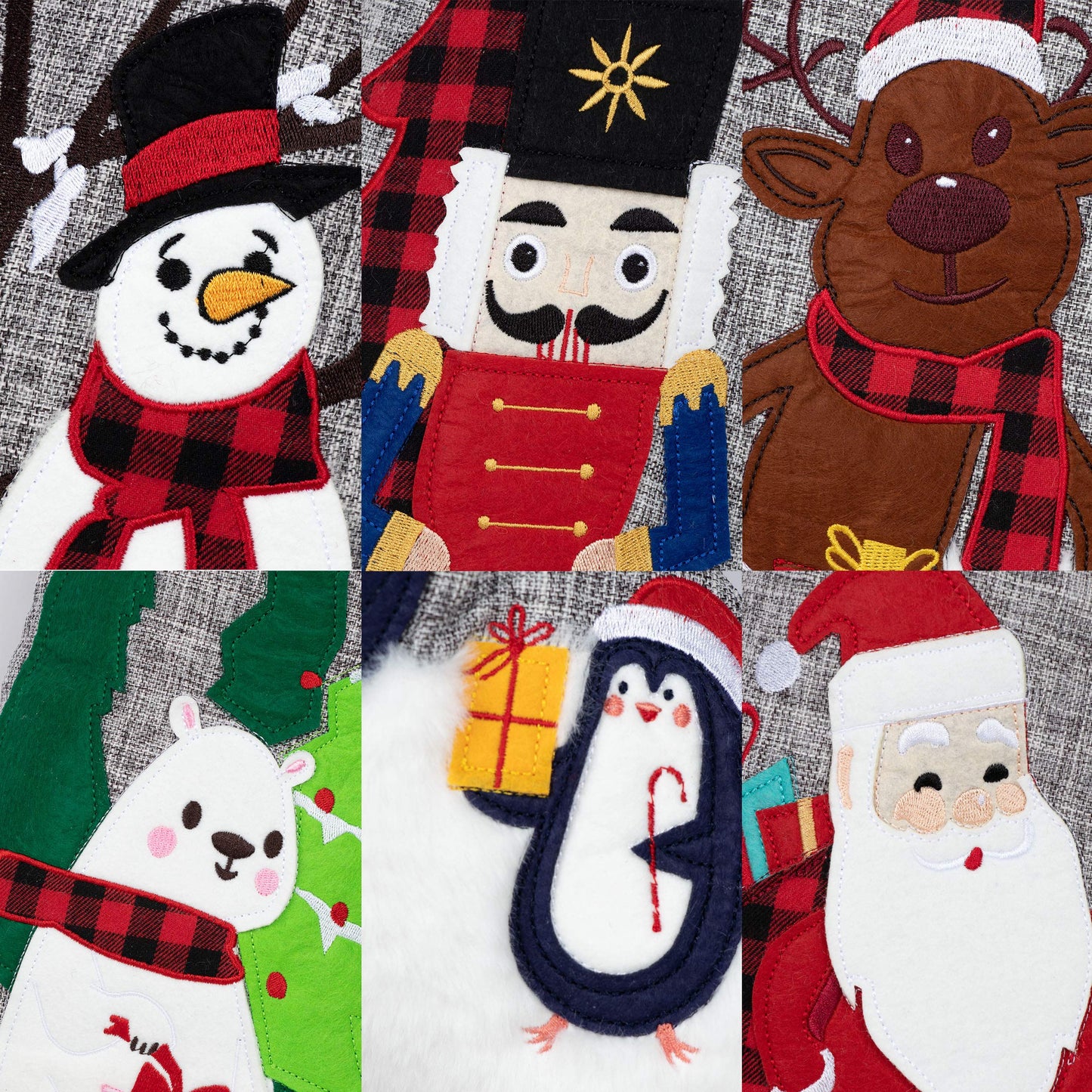 BHD BEAUTY Set of 6 Christmas Stockings Gray Burlap Buffalo Red Plaid Soft Faux Fur 20 Inches Lovely Embroidery Pattern for Family Decorations Hanging Ornament for Xmas Holiday Party