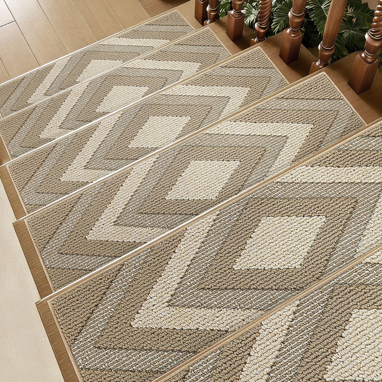 MatMaven Stair Treads for Wooden Steps Indoor, 14 Pack 9"x28" Non Slip Carpet Stair Treads,Machine Washable Stair Runner Rugs with Peel & Stick Reusable TPE Backing for Kids Elders & Pets,Beige