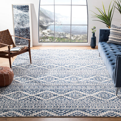SAFAVIEH Tulum Collection Area Rug - 9' Square, Ivory & Navy, Moroccan Boho Tribal Design, Non-Shedding & Easy to Clean, Ideal for Living Room, Bedroom, Dining Space (TUL272D)