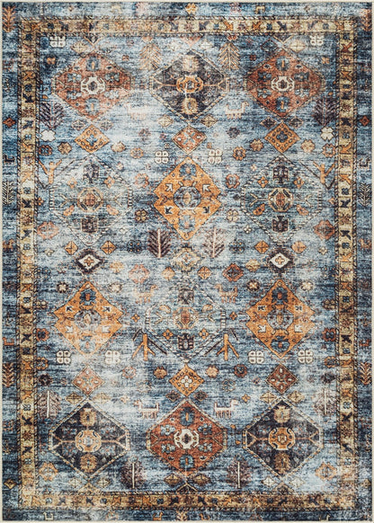 Bloom Rugs Washable Non-Slip 5' x 7' Rug - Blue/Orange Traditional Bordered Area Rug for Living Room, Bedroom, Dining Room, and Kitchen - Exact Size: 5' x 7'