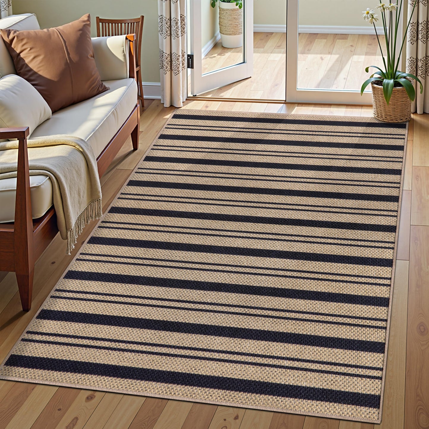 Tangsoo Stripe Easy Jute Rug,Ultra Thin 3x5 Washable Area Rug for Bedroom,Non-Slip Black Indoor Outdoor Rug Modern Farmhouse Low Pile Carpet for Patio Backyard Entryway
