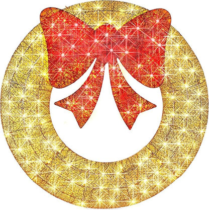 Best Choice Products 36in Pre-Lit Outdoor Christmas Wreath Decoration, LED Metal Holiday Decor for Home w/ 120 Lights, Bow - Gold/Red