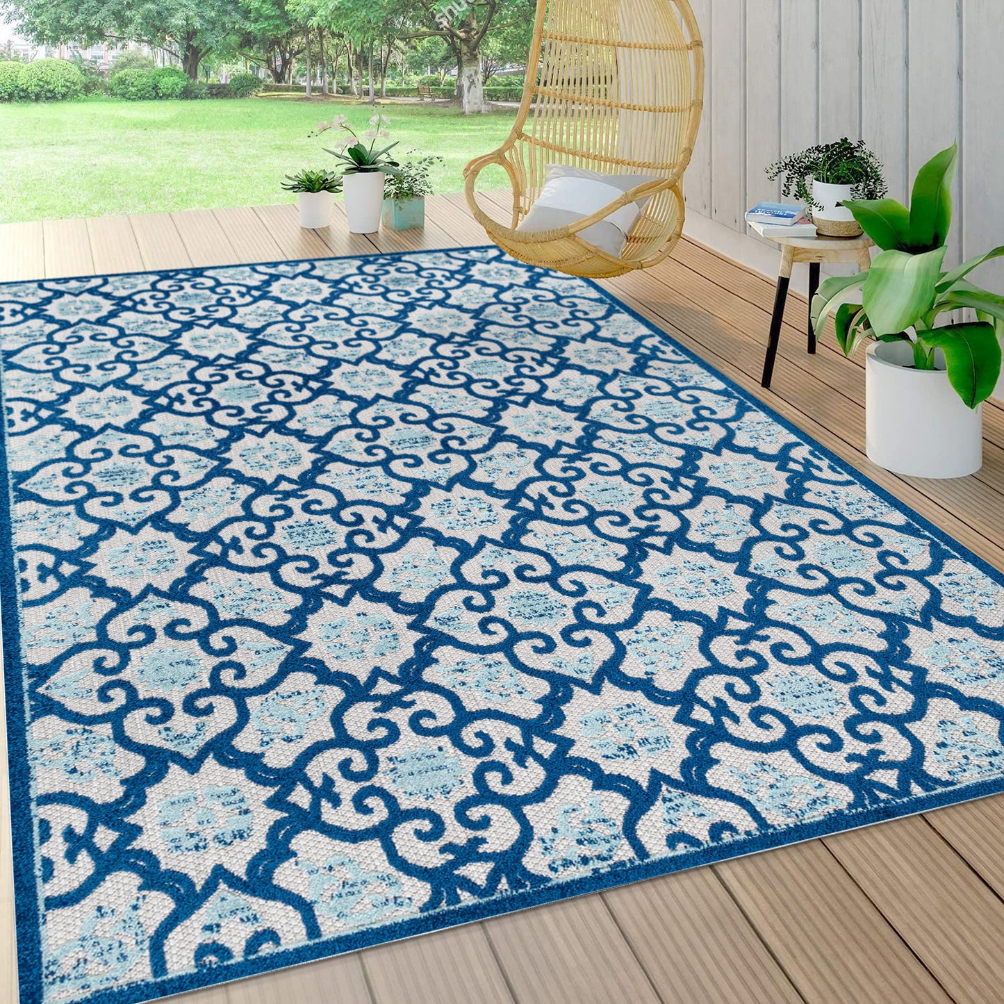 JONATHAN Y Tile Trellis Indoor Outdoor Area Rug 4X6 Light Gray/Blue, Gallia High-Low for Backyard, Patio, Porch, Easy-Cleaning, High Traffic, Pet-Friendly, Non-Shedding (AMC107B-4)