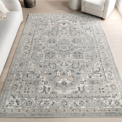 Nuloom Gena Light Grey/Ivory, 4' x 6', Distressed Medallion, Soft and Cozy, High Traffic, Stain Resistant, Easy Clean, Durable Area Rug for Bedroom, Living Room, Dining Space, Den, Foyer, Entryway