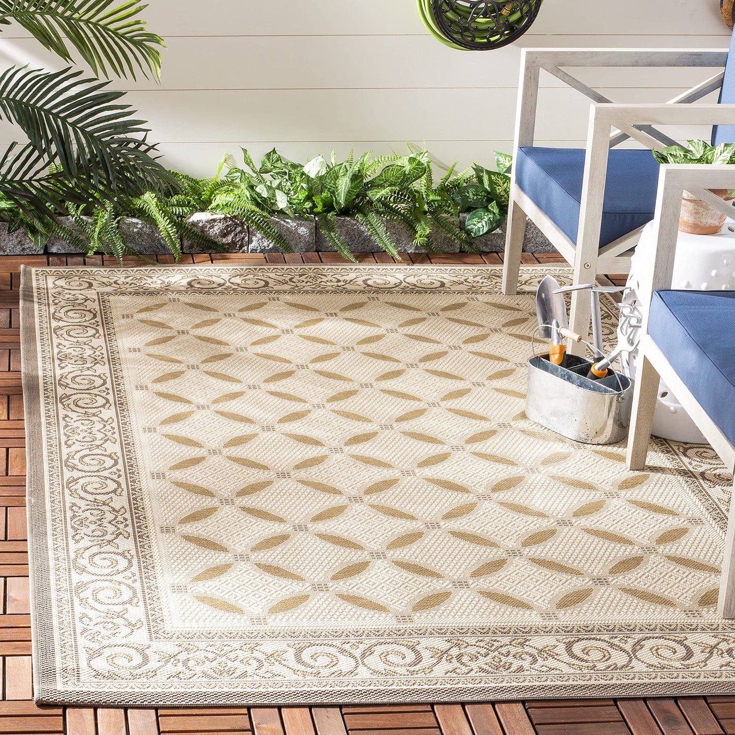 SAFAVIEH Washable Rug Outdoor Courtyard Collection - 5'3" x 7'7", Dark Beige & Beige, Non-Shedding & Easy Cleaning, Ideal for Patio, Backyard, Mudroom (CY7107-79A21)