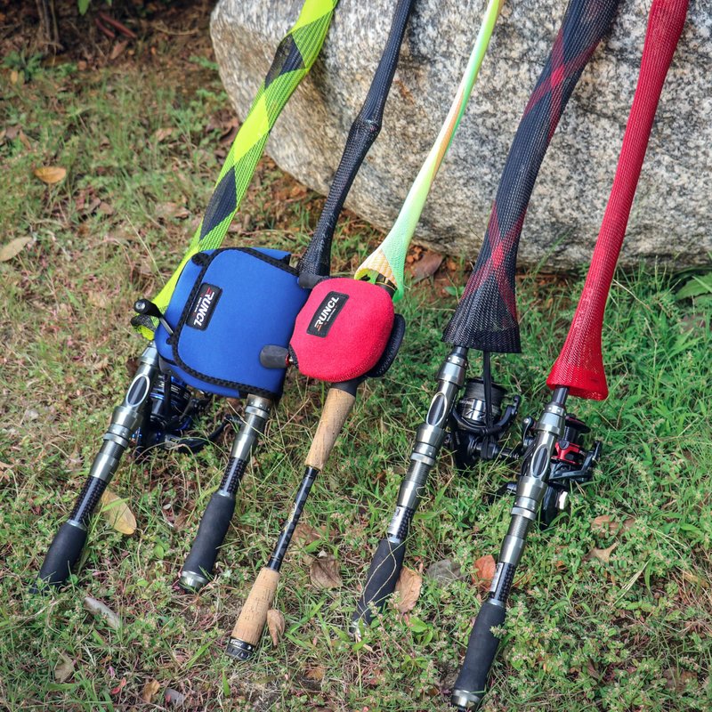 RUNCL Spinning Rod Socks, Fishing Rod Sleeves, Fishing Pole Sleeves (Red&Black, 2pcs) & Spinning Reel Bags, Fishing Reel Covers (2pcs)