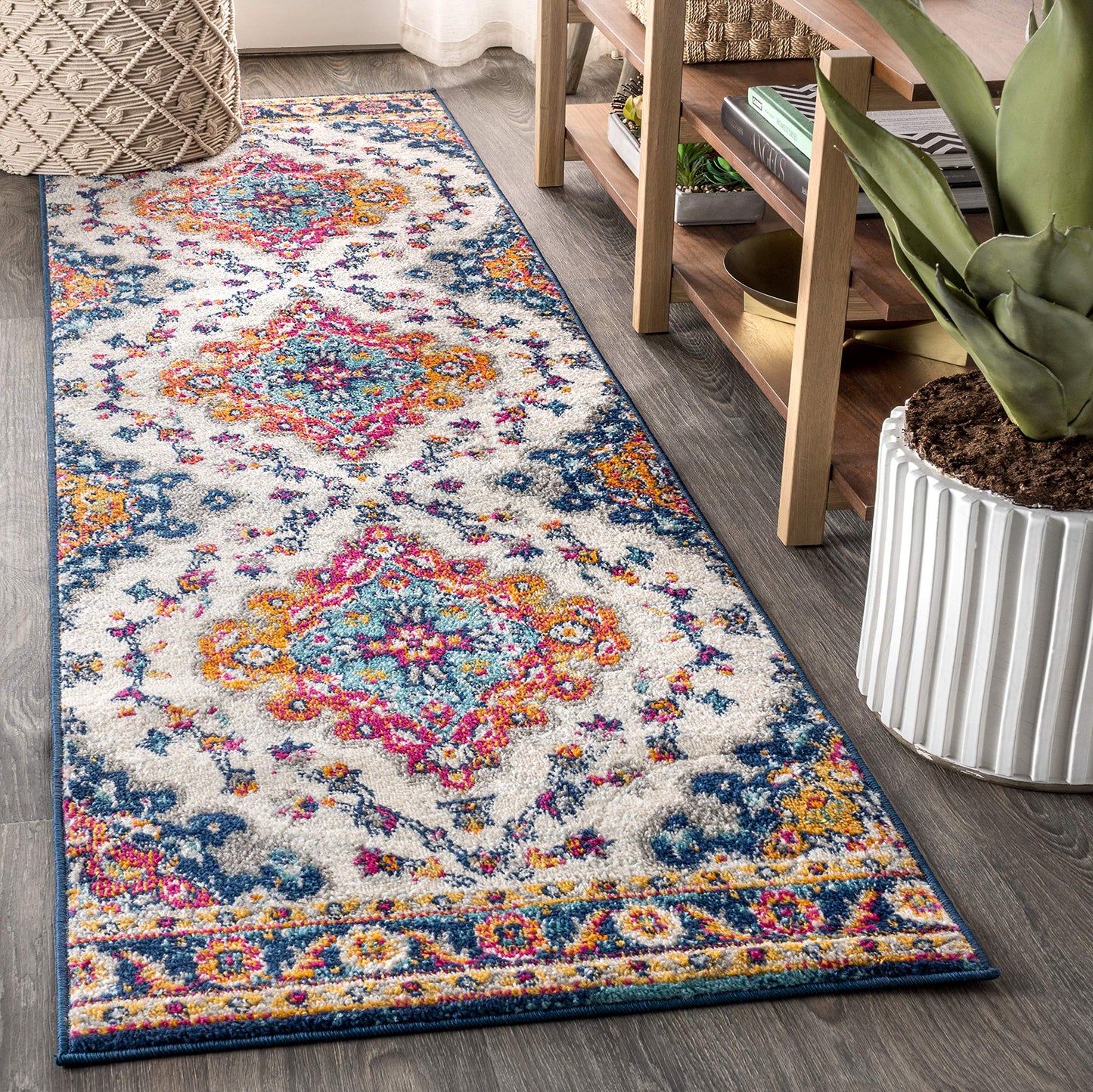 JONATHAN Y Boho Vintage Blue/Multi Runner Rug, 2x18, Bohemian Flair Medallion, Floral Easy-Cleaning High Traffic for Living Room, Bedroom, Kitchen, Pet-Friendly, Non Shedding (BMF106A-218)