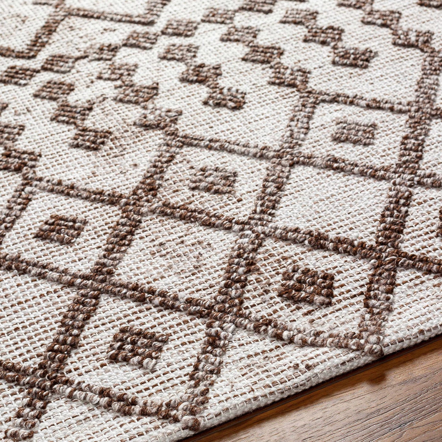 Hauteloom Elora Recycled Material Area Rug - Geometric Diamond Chevron Trellis Border - Bohemian Transitional Boho Moroccan Tribal - Off - White, Dark Red, Tan, Cream, Brown - 2' x 3'
