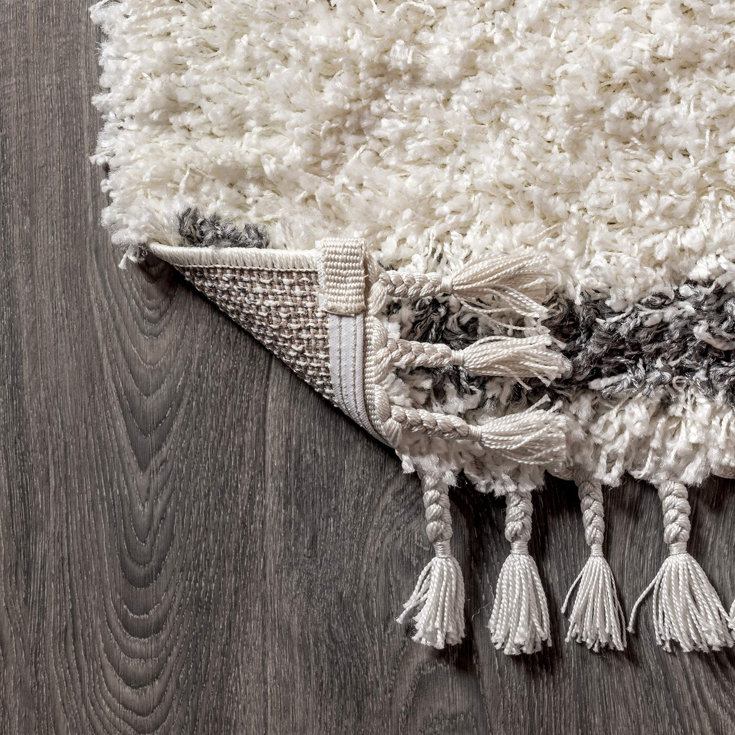 JONATHAN Y Mercer Shag Plush Tassel Cream/Gray Indoor Area Rug, 5x8, Moroccan Geometric Trellis, Bohemian, Easy-Cleaning for Living Room, Bedroom, Kitchen, Pet Friendly, Non-Shedding (MCR103B-5)