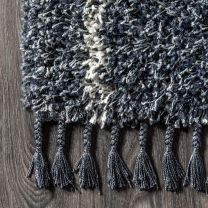 JONATHAN Y Mercer Shag Plush Tassel Blue/Cream Indoor Area Rug, 8x10, Moroccan Geometric Trellis, Easy-Cleaning for Living Room, Bedroom, Kitchen, Pet Friendly, Non-Shedding (MCR101A-8)