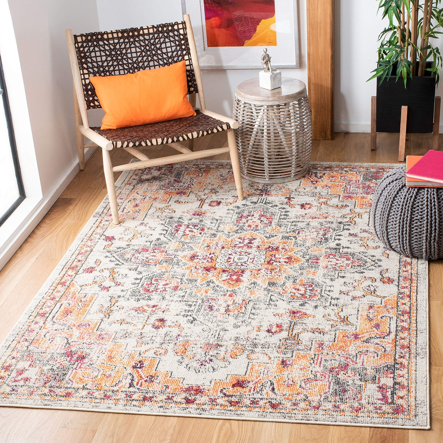 SAFAVIEH Madison Collection Area Rug - 5'3" x 7'6", Beige & Orange, Boho Chic Distressed Medallion Design, Non-Shedding & Easy to Clean, Ideal for Living Room, Bedroom, Dining Space (MAD473E)