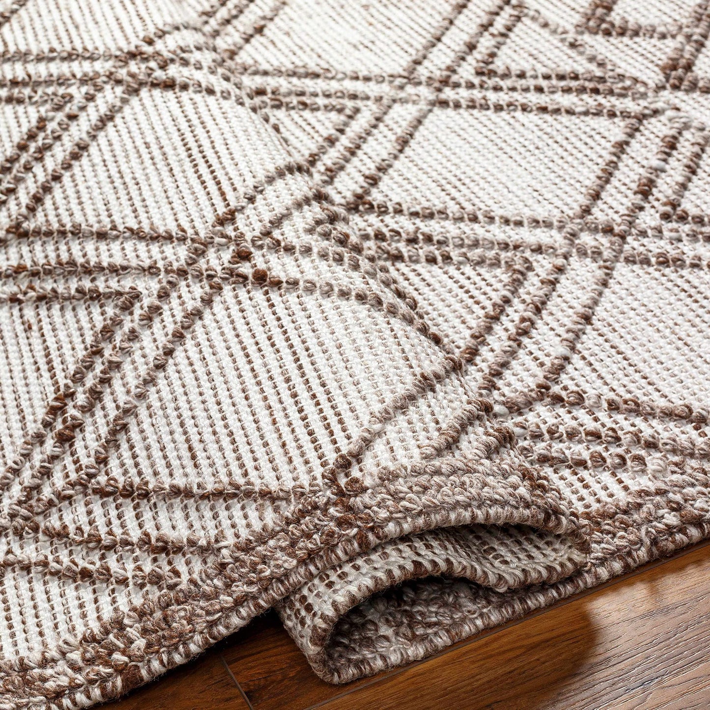 Hauteloom Whitney Recycled Material Area Rug - Geometric Diamond Trellis Lattice Border - Bohemian Transitional Moroccan Boho Tribal - Beige, Dark Brown, Cream, Brown, Taupe - 5' x 7'6"