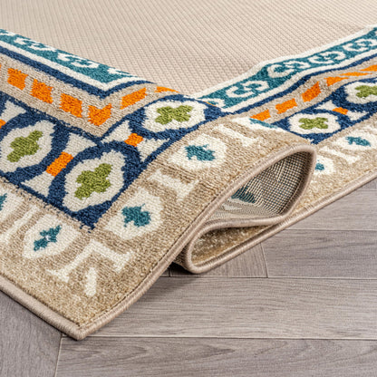 Rugshop Indoor/Outdoor High-Low Textured Area Rug, Coastal Border, Easy-Clean Patio Rug for Porch Deck Balcony 6' 6" x 9' Multi
