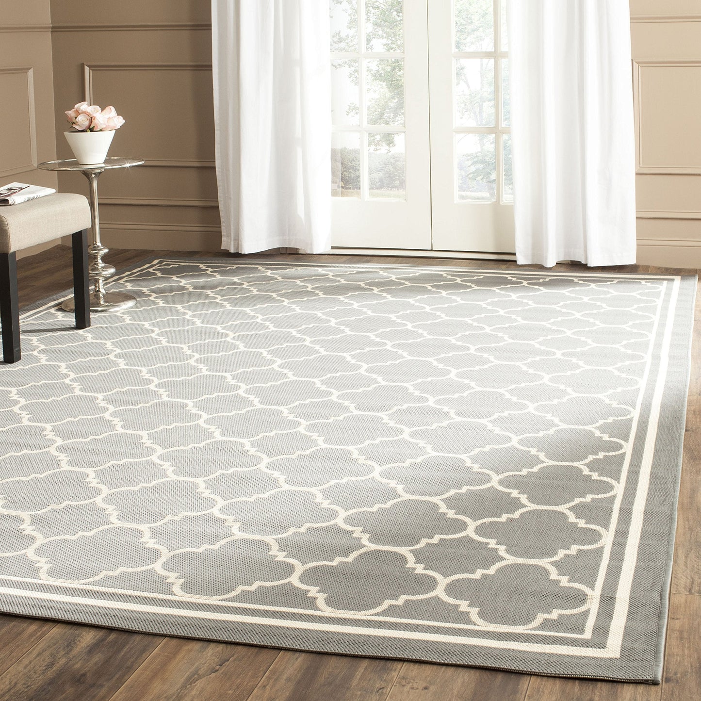 SAFAVIEH Washable Rug Outdoor Courtyard Collection - 4' Square, Anthracite & Beige, Non-Shedding & Easy Cleaning, Ideal for Patio, Backyard, Mudroom (CY6918-246)
