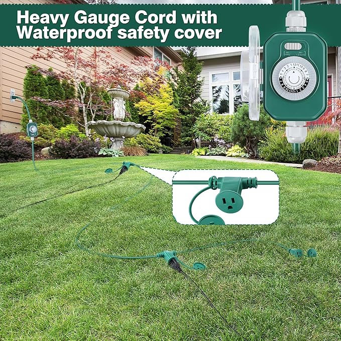 Feekoon 20FT Outdoor Extension Cord Splitter with Timer, Waterproof 3-Outlet Cord with Safety Cover 16/3 SJTW Weatherproof Power Cable for Outdoor Halloween Christmas Decorations Garden Lights