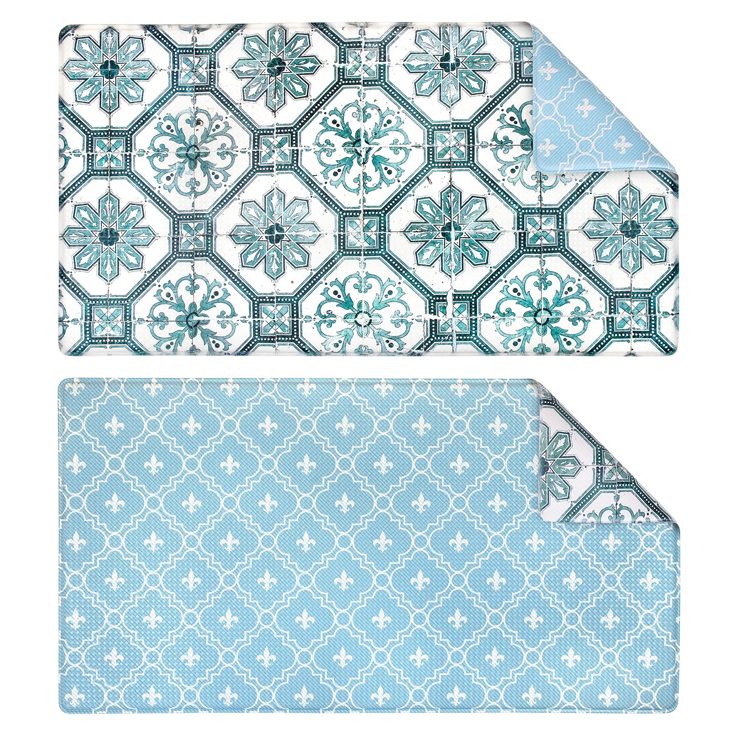 OPUX Anti Fatigue Kitchen Floor Mat, Reversible Cushioned Memory Foam Kitchen Rug Pad, Waterproof Non-Slip Padded Comfort Standing Mat Office Laundry Home, 32x17 (Floral Tile Blue)