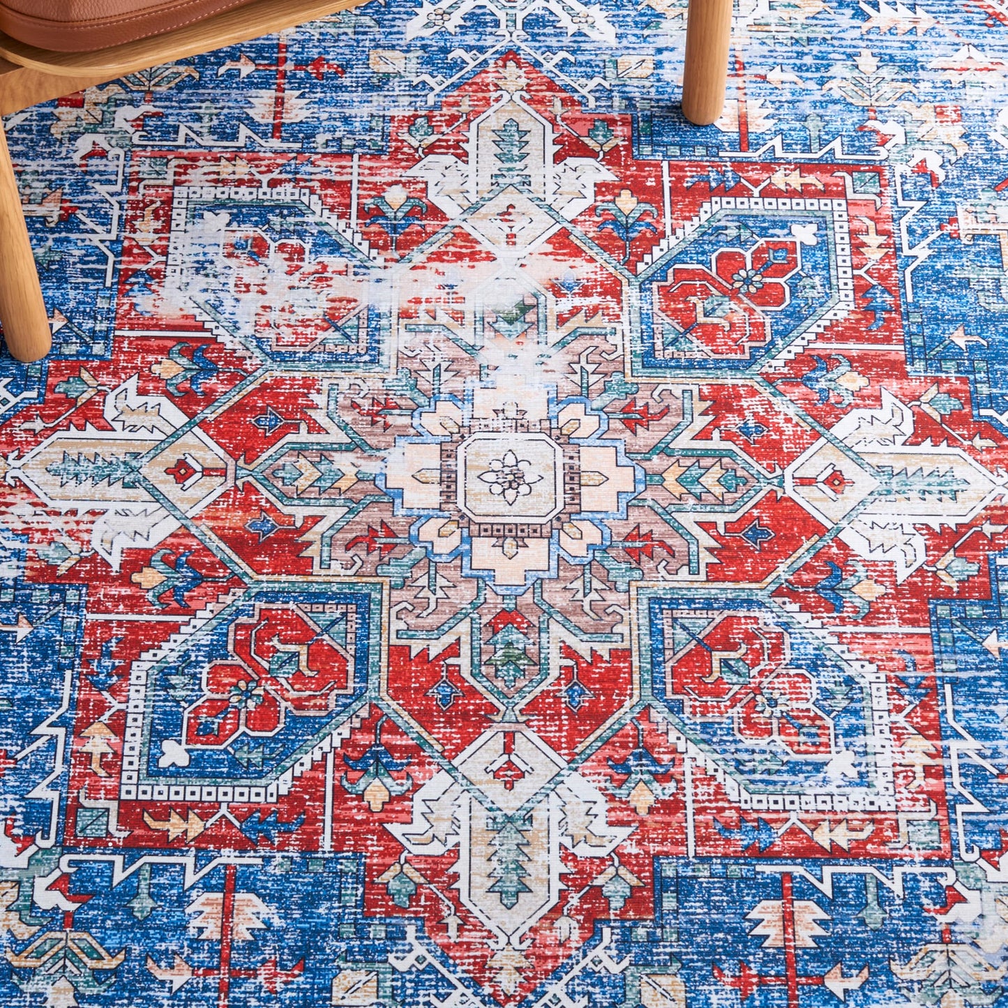 SAFAVIEH Washable Rug Tucson Collection - 6'6' x 9', Blue & Red, Slip Resistant & Easy to Clean, Ideal for Living Room, Bedroom, Dining Space (TSN102M)