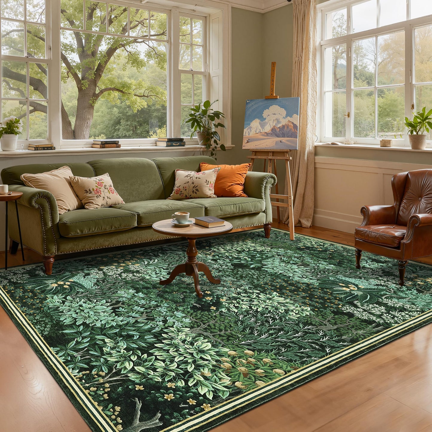 GarveeHome Forest Rugs 5x7, Green Washable Area Rugs for Living Room 5x7, Botanical Low Pile Non Slip Stain Resistance Woodland Rug for Farmhouse, Bedroom, Dining Room