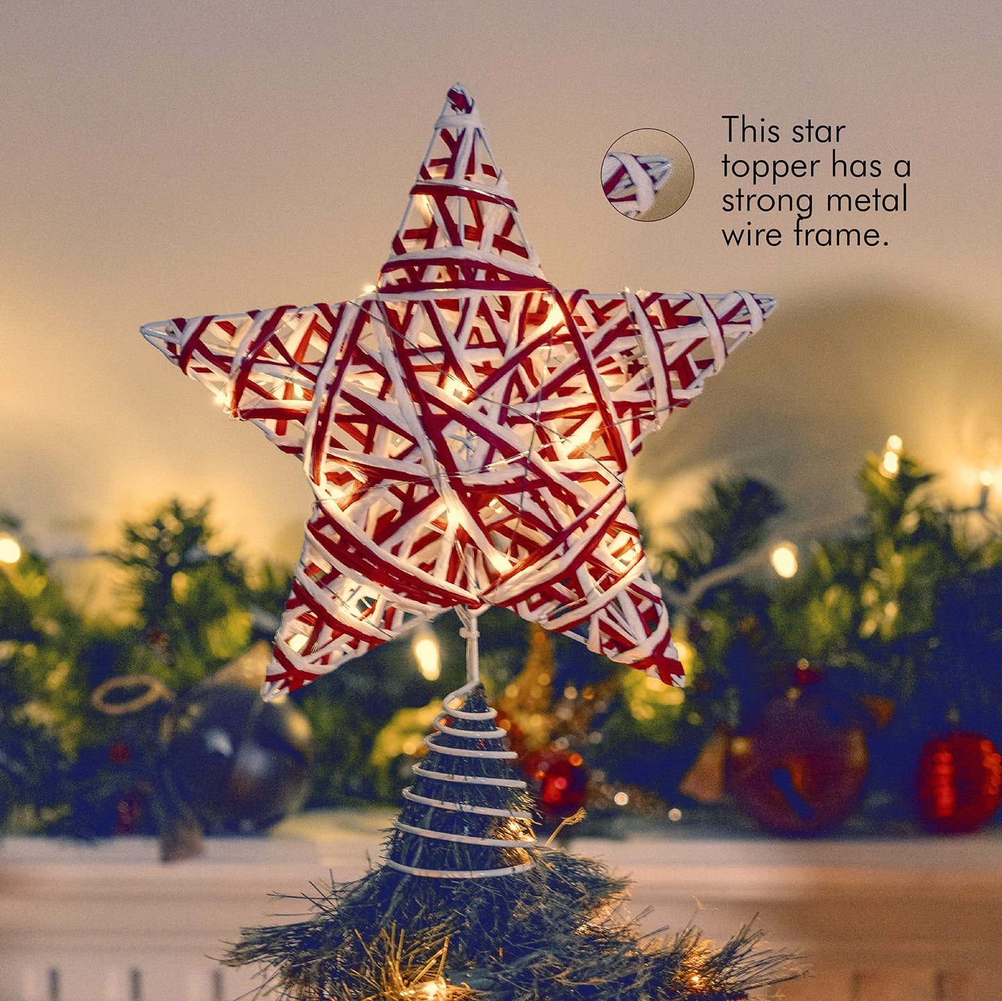 Ornativity Christmas Star Rattan Tree Topper – Red and White Xmas Holiday Decor Rustic LED Lights Light Up Tree Top Topper Ornament Decoration 12"