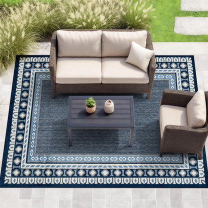 Rugshop Indoor/Outdoor High-Low Textured Area Rug, Coastal Border, Easy-Clean Patio Rug for Porch Deck Balcony 7' 10" x 10' Navy