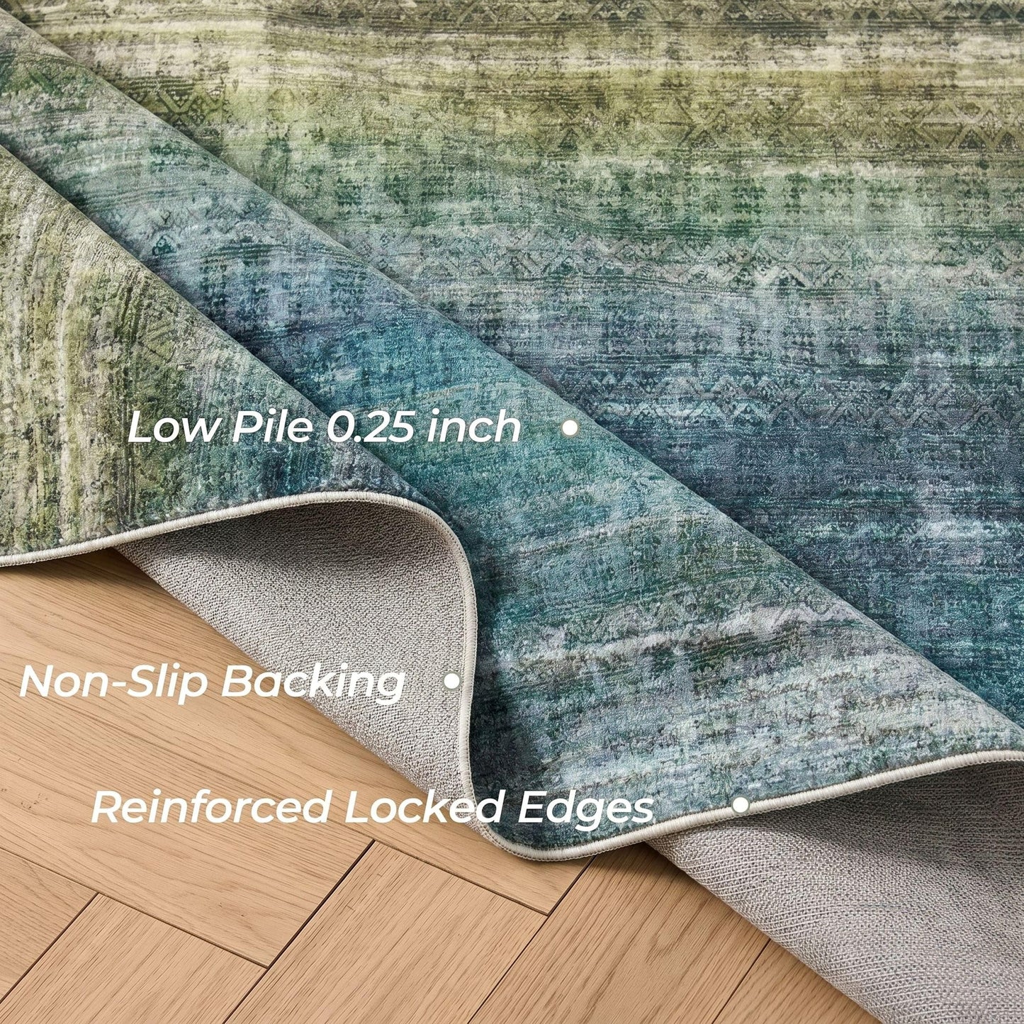 Kokia Abstract Teal Area Rugs 6x9 Boho Washable Distressed Retro Indoor Floor Rug Multicolor Low Pile Non-Slip Non-Shedding Carpet Bedroom Living Room Dining Room, Blue and Green
