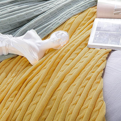 NTBAY 100% Pure Cotton Oversize (60x80) Cable Knit Throw Blanket, Super Soft Warm Knitted Throw Blanket for Bed, Sofa, Chair, Couch - Extra Cozy, Machine Washable, Comfortable Home Decor, Yellow
