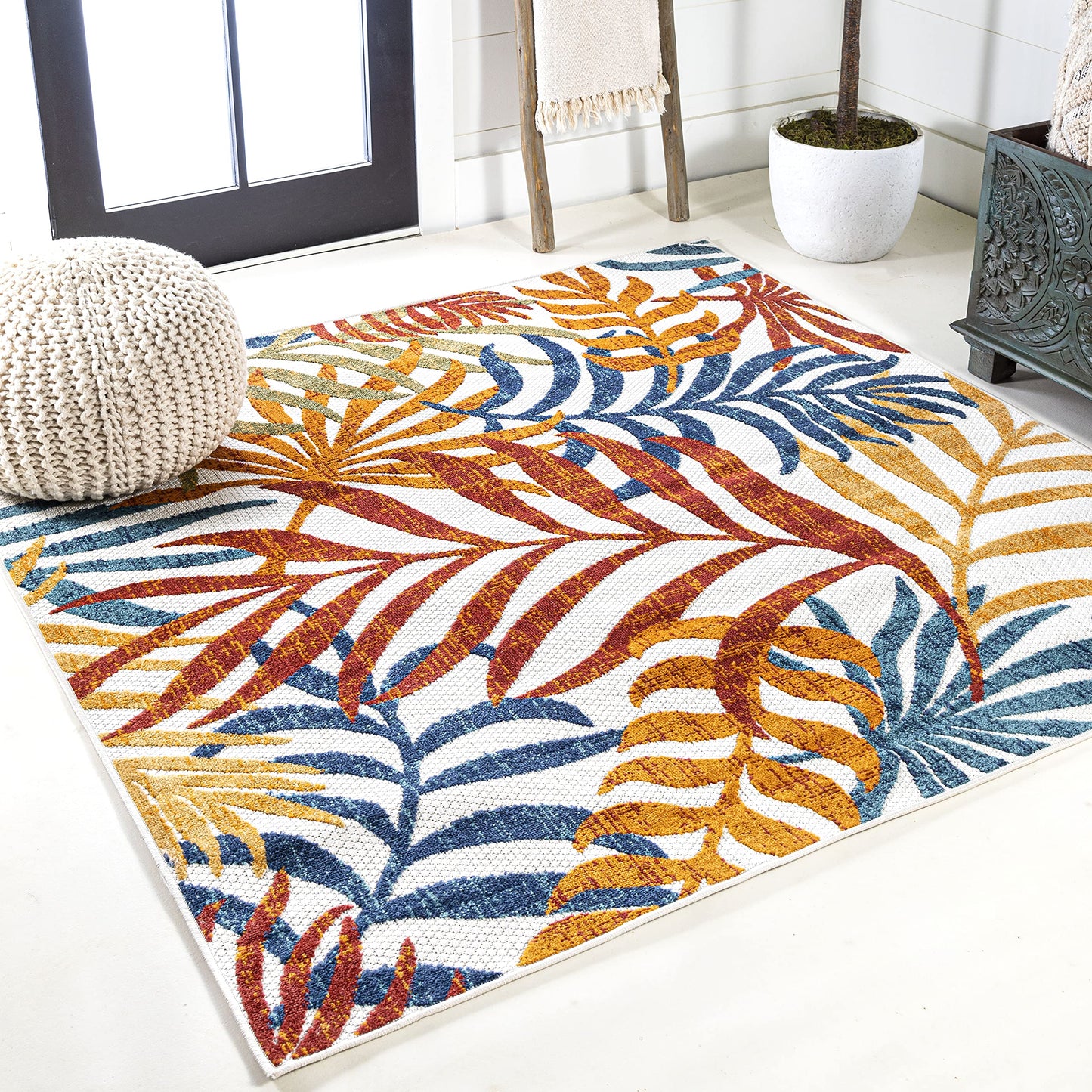 JONATHAN Y Tropics Palm Leaves Indoor Outdoor Square Area Rug 6X6 Cream/Orange, Boho for Backyard, Patio, Porch, Easy-Cleaning, High Traffic, Pet-Friendly, Non-Shedding (AMC100B-6SQ)
