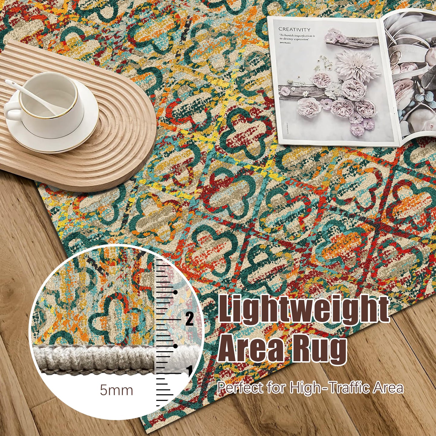 RUGSURE Washable Area Rugs, 4' x 6' - 1/6 Thick - Stain & Water Resistant Non-Slip - Perfect Resistant Rug for Living Room, Bedroom, Nursery, Pet & Child Friendly, Vibrant Colors Rugs, Multicolor