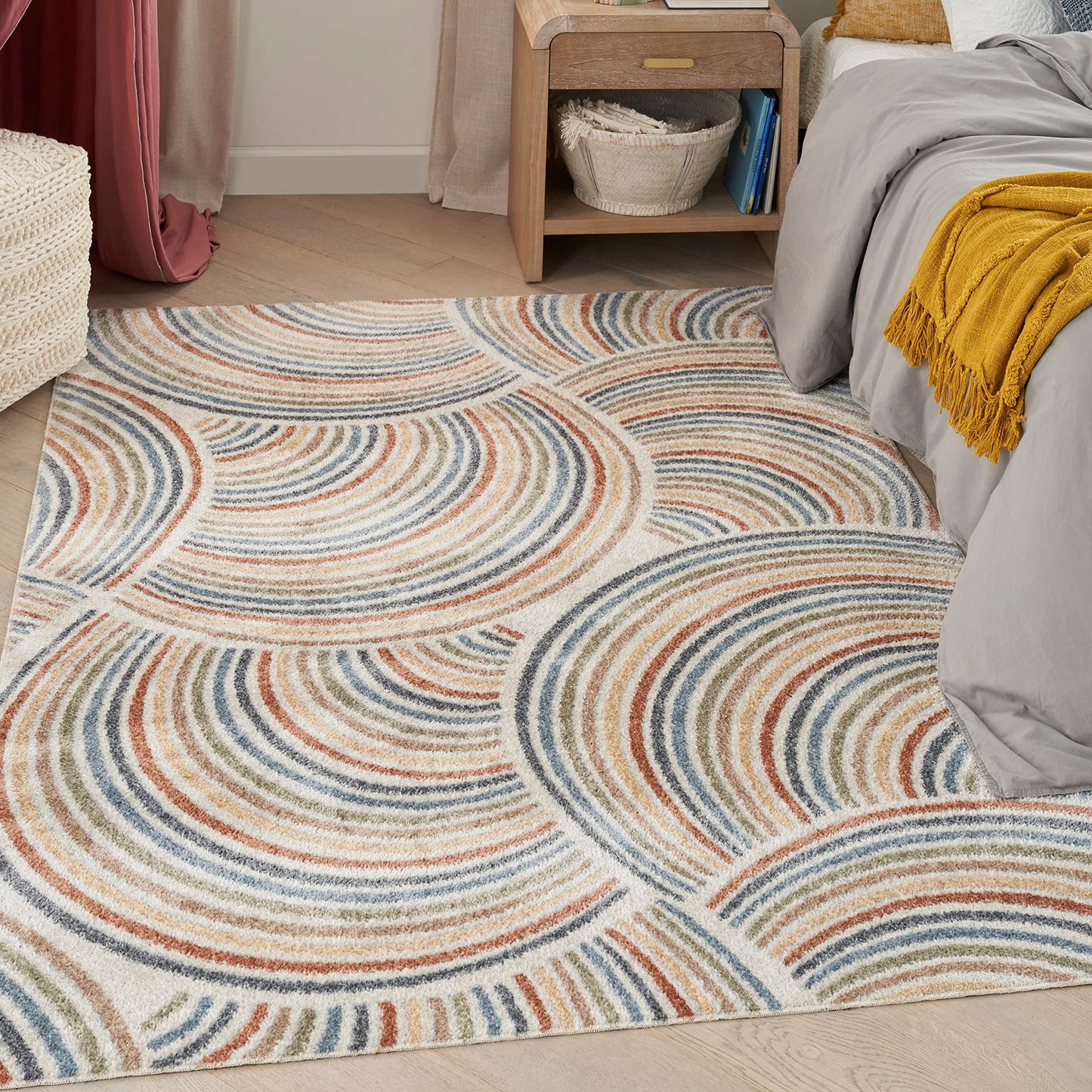 Nourison Astra Machine Washable Mid-Century Modern Ivory/Multi 5'3" x 7' Area Rug, Easy -Cleaning, Non Shedding, Bed Room, Living Room, Dining Room, Kitchen (5x7)