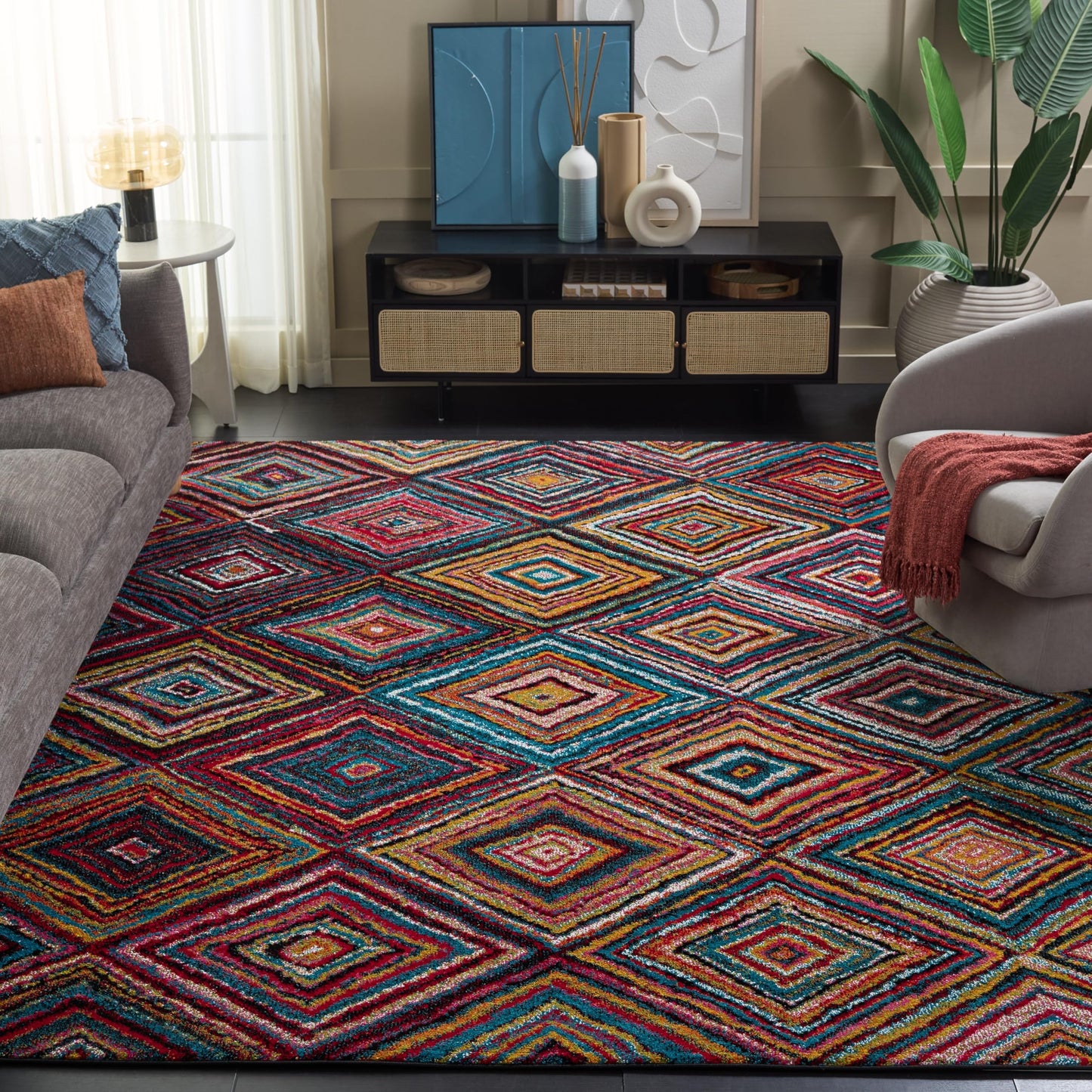 SAFAVIEH Area Rug 8x10 - Aruba Collection - Large - Multi, Boho Diamond Lattice Pattern, Non-Shedding & Easy Cleaning, Ideal for Living Room, Bedroom, Office, Dining Space (ARB501M)