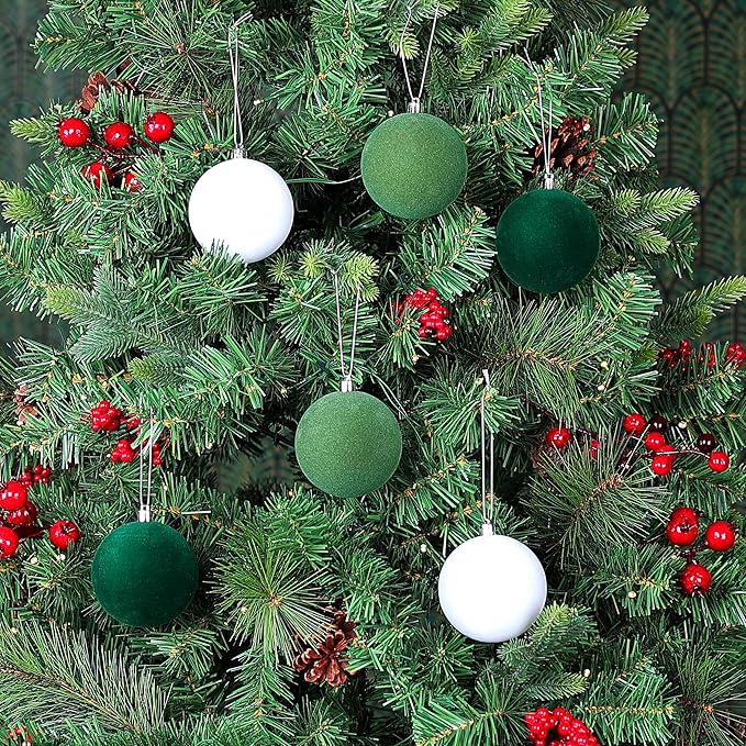 Amooca 3.15in Large Christmas Balls Ornaments Flocking Xmas Tree Hanging Decoration New Year Holiday Party Baubles 6pc Set White Green