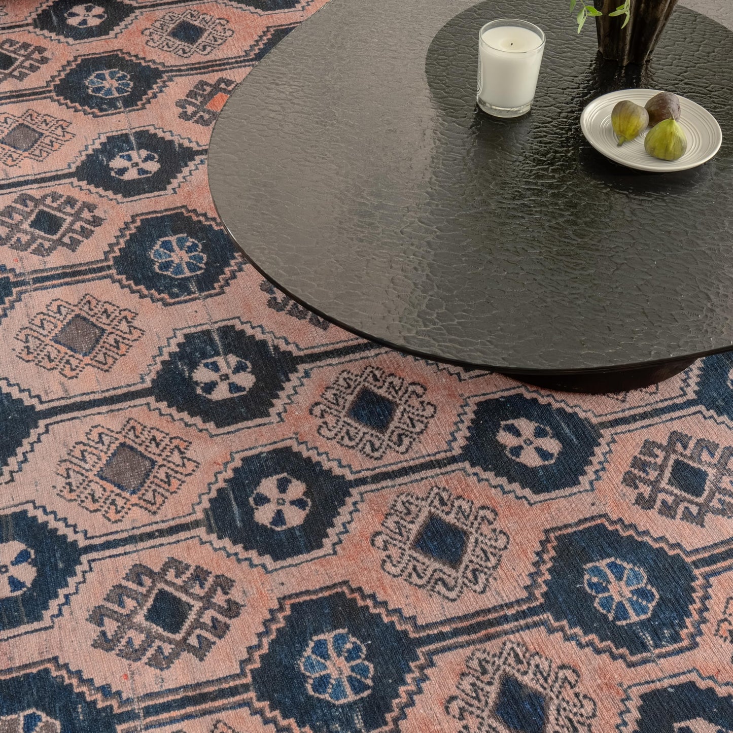 KNOTTING MATTERS Indiclay 5’ x 8’ Area Rug – Blush Pink & Deep Navy Heritage Flatweave, Low-Pile – Easy Clean Area Rug – Perfect for Living Room, Dining Room, Bedroom – Pet & Kid Friendly