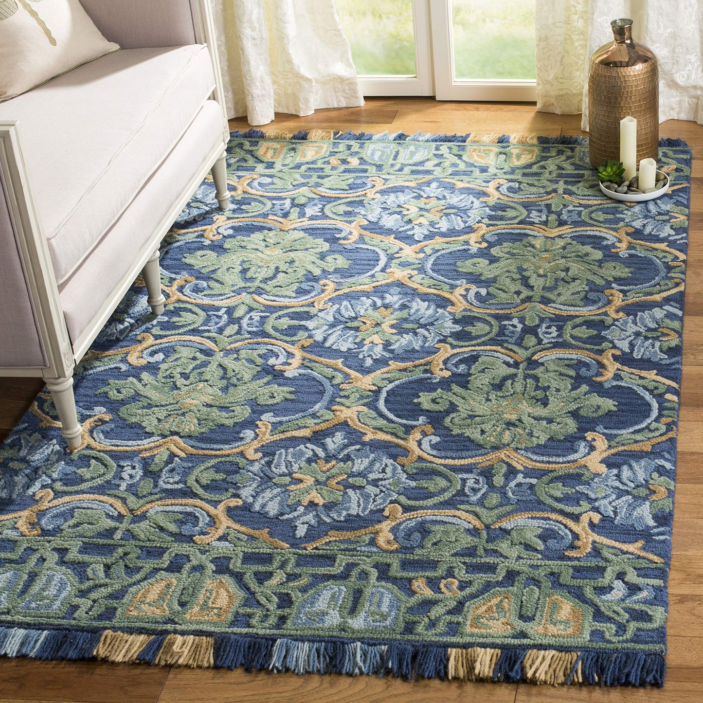 SAFAVIEH Blossom Collection 3' x 5' Navy / Green BLM422A Handmade Fringe Premium Wool Area Rug