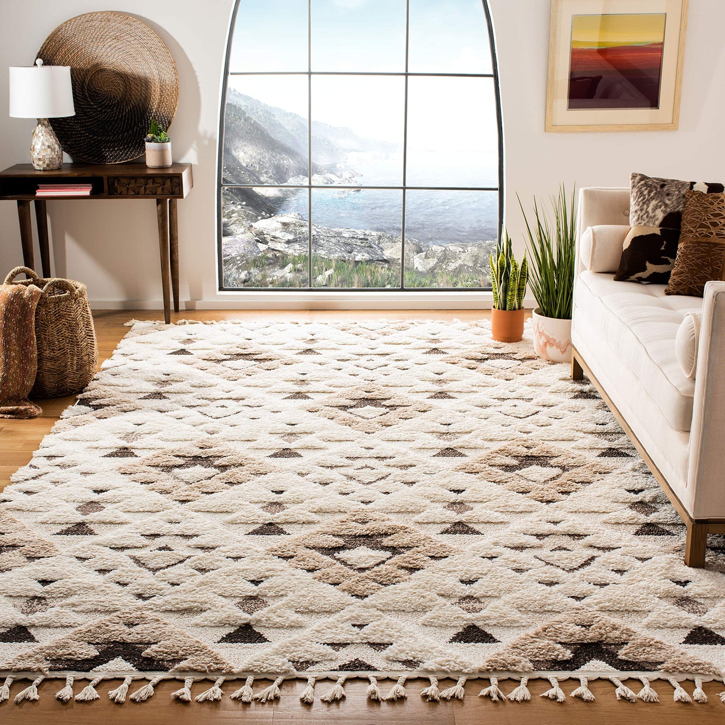 SAFAVIEH Moroccan Tassel Shag Collection Area Rug - 3' Square, Ivory & Brown, Non-Shedding & Easy to Clean, Plush High-Low Texture, Ideal for Living Room, Bedroom, Dining Space (MTS688A)