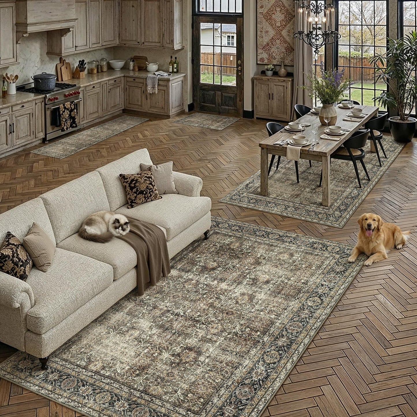 PureCozy Brown Runner Rug 2x6 Vintage Area Carpet Hallway Long Indoor Kitchen Washable Living Room Low Pile Traditional Distressed Retro Accent Throw Rug Non Slip Laundry Bathroom Office Dining Room