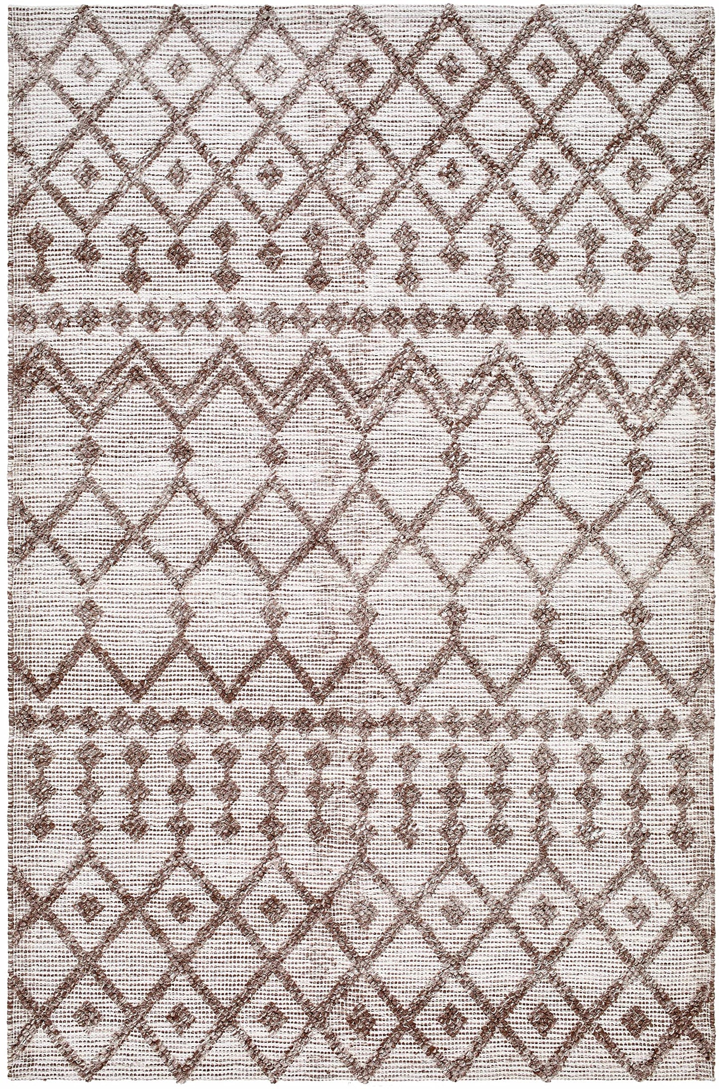 Hauteloom Elora Recycled Material Area Rug - Geometric Diamond Chevron Trellis Border - Bohemian Transitional Boho Moroccan Tribal - Off - White, Dark Red, Tan, Cream, Brown - 2' x 3'