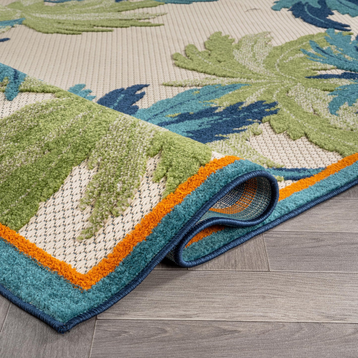 Rugshop Indoor/Outdoor High-Low Textured Area Rug, Palm Border, Easy-Clean Patio Rug for Porch Deck Balcony 4' x 6' Beige/Multi