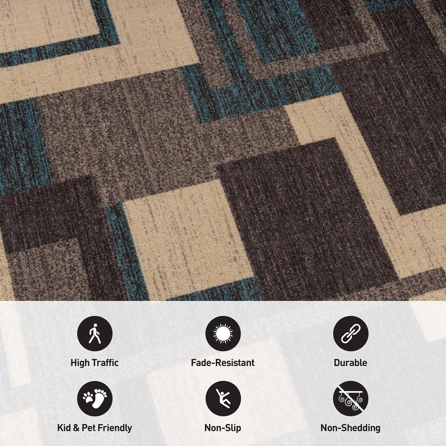 Rugshop Contemporary Geometric Power Loomed Indoor Runner Rug, Cool Slate Abstract Rectangle Design, Non-Slip Backing, Living Room Bedroom Home Office, Easy-Care Spot Clean, 2' x 12' Blue