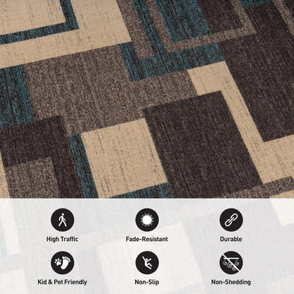 Rugshop Contemporary Geometric Power Loomed Indoor Runner Rug, Cool Slate Abstract Rectangle Design, Non-Slip Backing, Living Room Bedroom Home Office, Easy-Care Spot Clean, 2' x 12' Blue