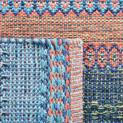 SAFAVIEH Montauk Collection Area Rug - 6' Square, Blue & Orange, Handmade Flat Weave Boho Stripe Cotton, Ideal for High Traffic Areas in Living Room, Bedroom (MTK851N)