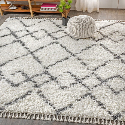 JONATHAN Y Mercer Shag Plush Tassel Ivory/Gray Indoor Area Rug, 8x10, Moroccan Geometric Trellis, Contemporary, Easy-Cleaning for Living Room, Bedroom, Kitchen, Pet Friendly, Non-Shedding (MCR102B-8)