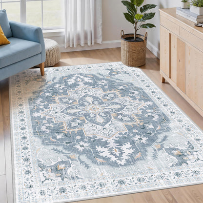 TTelephant 4x6 Area Rug, Soft Non-Slip Vintage Medallion Rug, Low-Pile Printed Indoor Washable Area Rugs for Living Room, Bedroom Bedside, Entryway, Kitchen -Blue/Gray