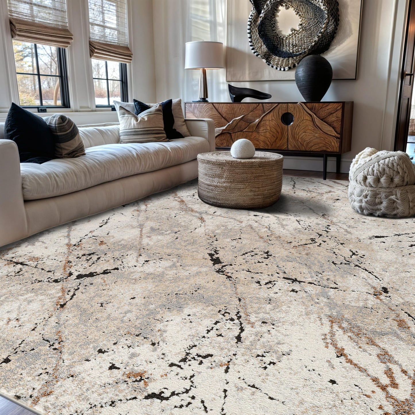 Rugshop Drifted Marble Abstract Area Rug Durable, Kid & Pet Friendly Gray, Ivory, Neutral Tones 5' x 7' Great for Living Rooms, Home Offices, or Breakfast Nooks