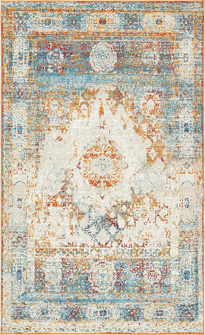 Unique Loom Rosso Collection Traditional, Vintage, Medallion, Border, Distressed, Southwestern Area Rug (5' 0 x 8' 0 Rectangular, Ivory/Blue)