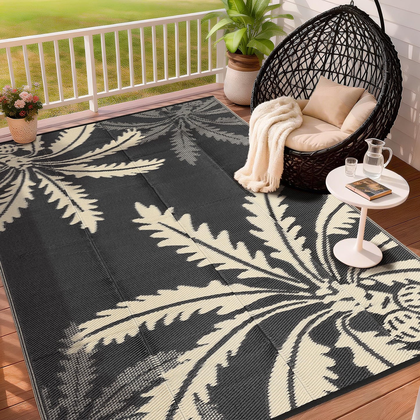 Garvee Waterproof Outdoor Rug 5x8 for Patio, Reversible Modern Area Rug, Large Plastic Straw Mat for Camping, RV, Porch, Backyard, Deck, Picnic, Beach, Black & Brown