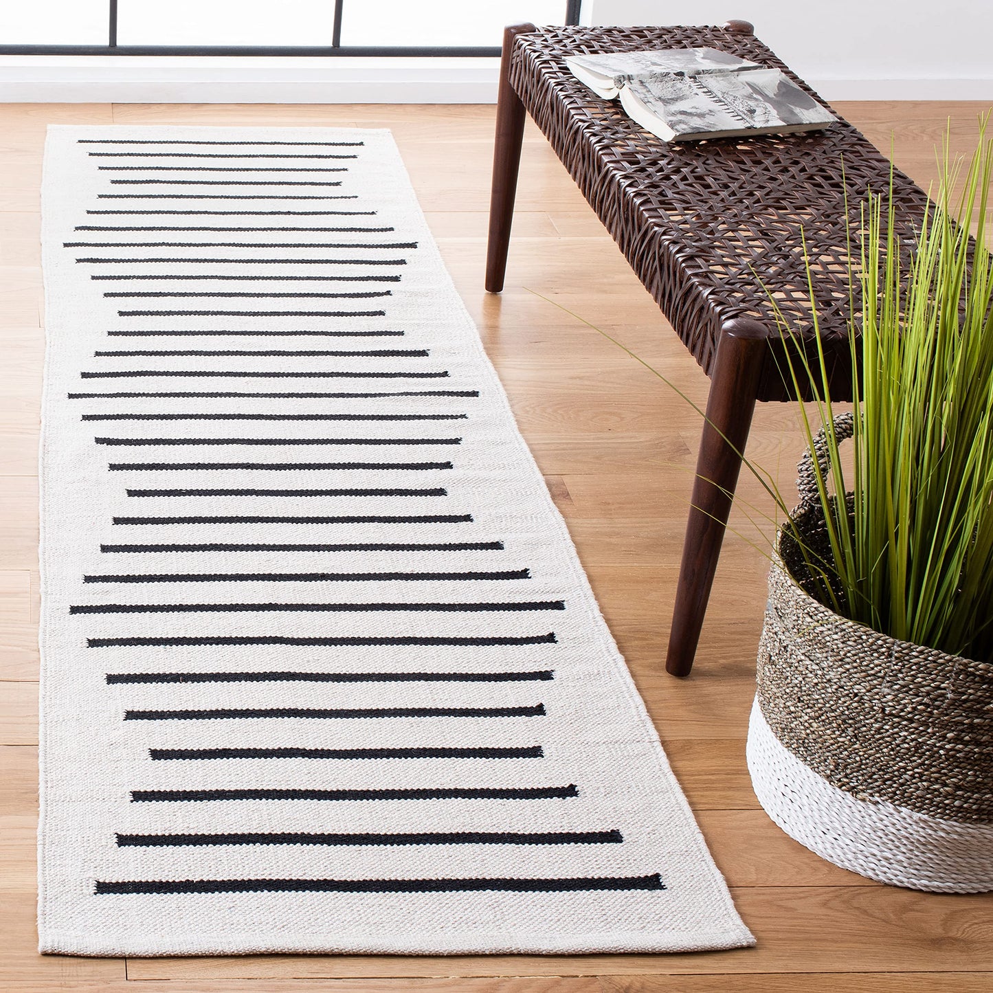 SAFAVIEH Montauk Collection Runner Rug - 2'3" x 10', Ivory & Black, Handmade Flat Weave Boho Farmhouse Cotton Modern Stripe, Ideal for High Traffic Areas in Living Room, Bedroom (MTK313A)