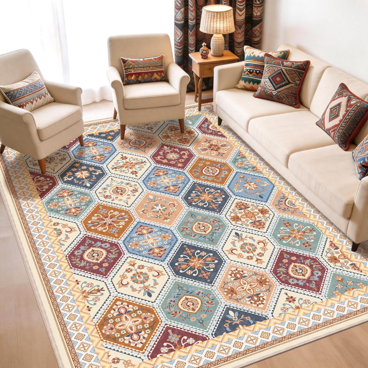 TTelephant Area Rugs 5x7, Washable Rugs for Living Room, Soft Non-Slip Boho Moroccan Rug, Low-Pile Printed Carpet for Bedroom, Dining Room, Playroom -Multi
